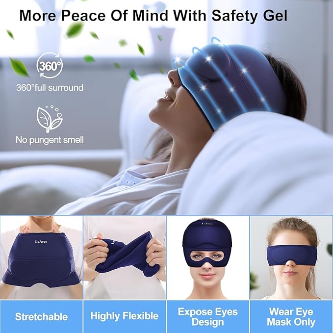 Migraine Relief Cap，2 in 1 Headache Relief Cap with Gel Eye Mask Ice Head Wrap Hot and Cold Therapy Hat for Headache Puffy Eyes Sinus and Tension Stress Relief