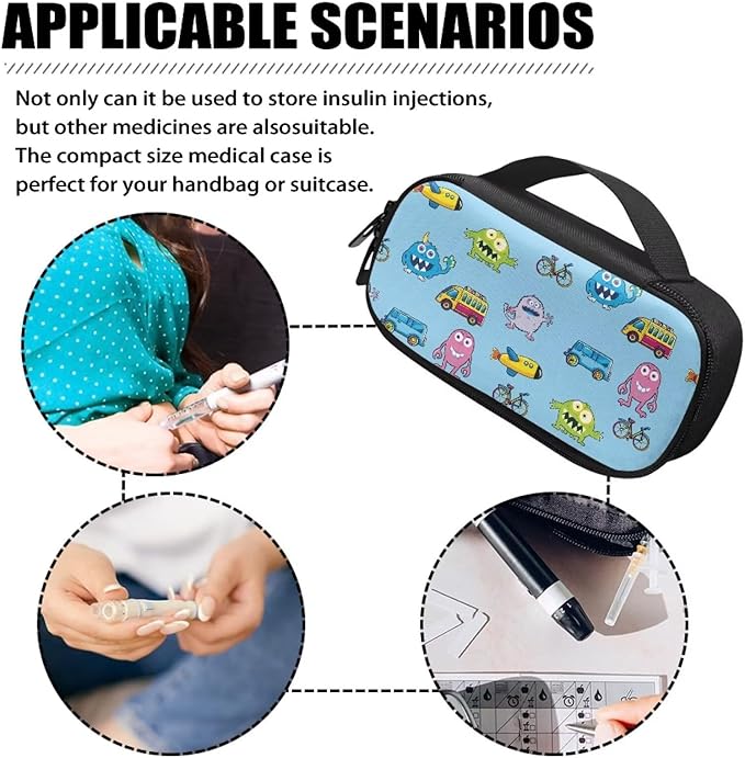 Rnyleeg Insulin Bag for Kids Cartoon Vehicle Bacteria Printed Small Diabetic Bags for Supplies Insulin Cooler Travel Case for Daily Life Trip Diabetic Supplies Storage for Boys Girls