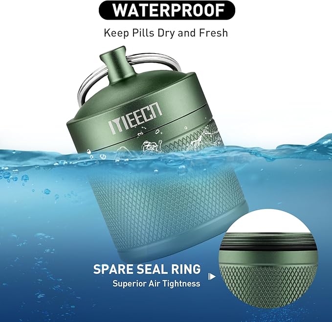 Keychain Pill Holder, Box, Aluminum, Waterproof Container, Pill Organizer for Outdoor Travel Camping，Size: 1.6 x 1.6 x 2 in (Green)