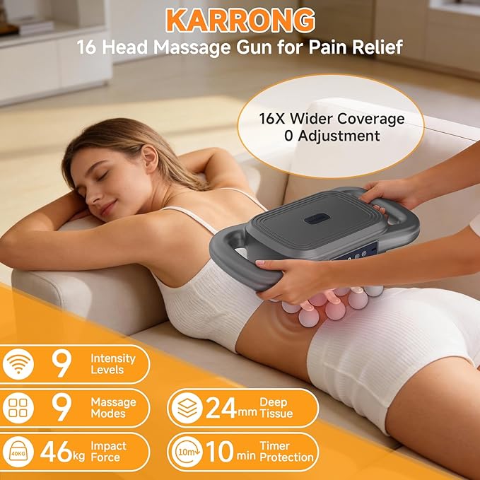 Karrong 16 Head Massage Gun Deep Tissue, Electric Back Massager Tool Cordless Neck/Shoulder/Leg/Foot/Arm/Body Massager for Pain Relief, 9 Levels & 9 Modes, Gifts for Men/Women/Mom/Dad