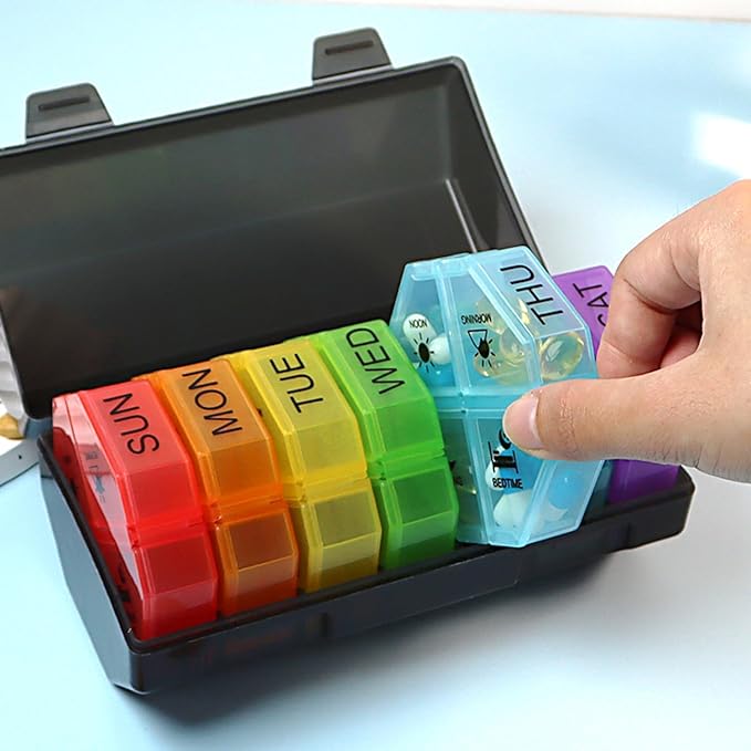 Weekly Pill Organizer 4 Time a Day，Pill Dispensers， Pill Box 7 Day with 28 Extra Large Compartments Portable Travel ，4 Times a Day Pill Case, for Medication/Vitamins/Fish Oils (Black Rainbow)