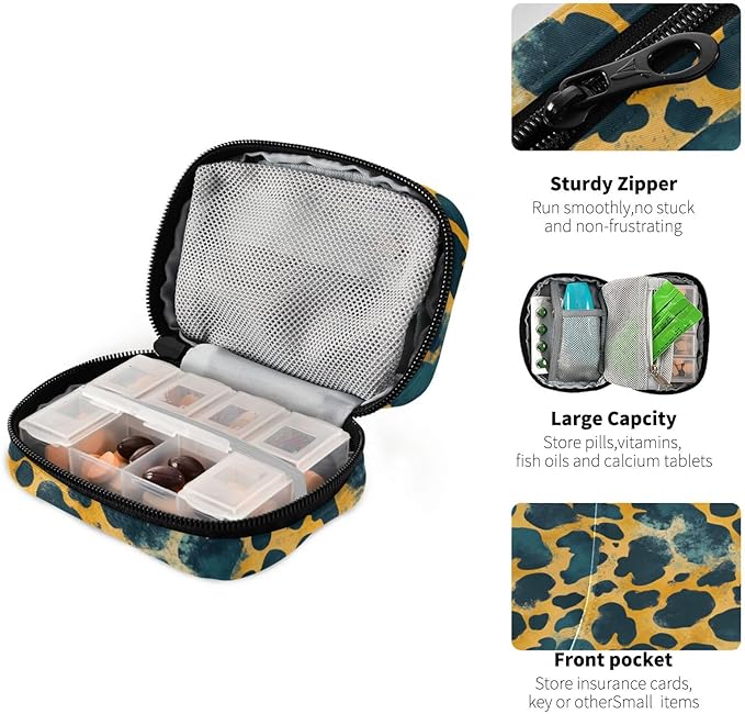 Pill Box Leopard Print 7 Day Pill Case Travel Pill Organizer Bag with Zipper Portable Weekly Vitamin Medicine Supplement Holder Pouch Bag
