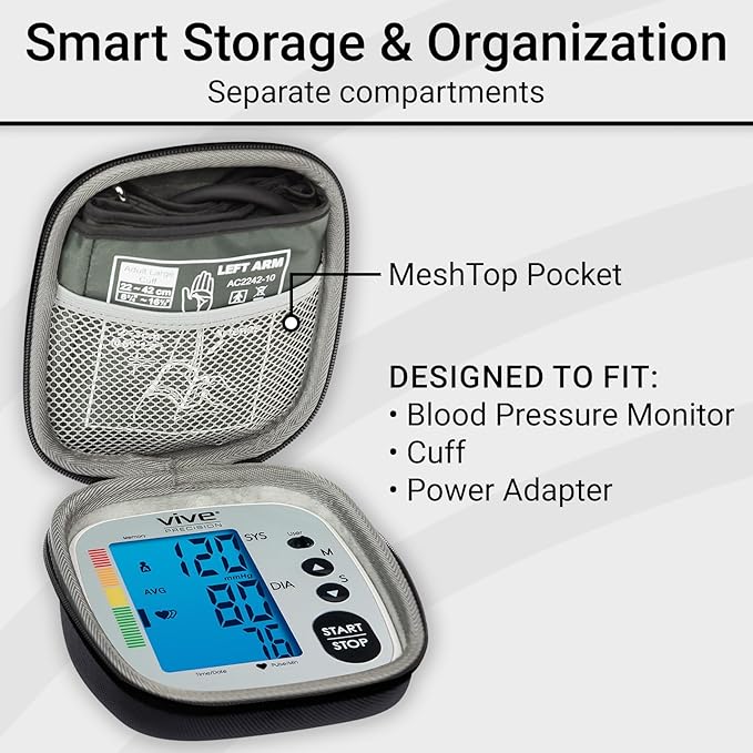 Vive Precision Blood Pressure Monitor Case - Hard Carrying Medical Travel Storage Bag - Universally Compatible Portable BPM Cuff, Health Accessories Pouch Replacement with Carrying Strap - Shockproof