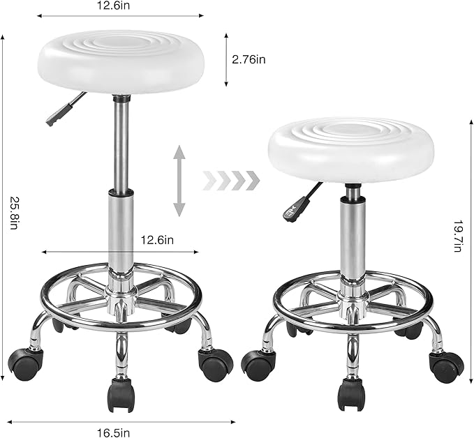 VECELO Hydraulic Salon Stool with Wheels, Height Adjustable PU Leather Swivel Seat, 300 lb Capacity (White)