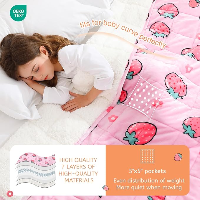 Aemicion Weighted Blanket 10 pounds Twin Size 48"x 72",Soft Sherpa Fleece Heavy Blanket for Sleeping Perfect for 80-110lbs, Cute Strawberry Pink Weighted Blanket for Bed or Couch