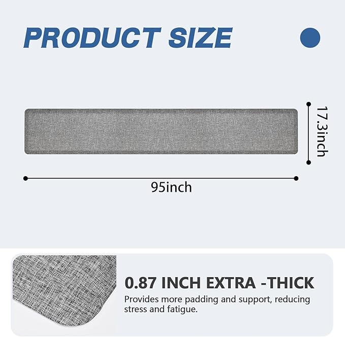 Anti Slip 7/8 inchs Anti Fatigue Kitchen Floor Mat, Ergonomic Comfort Standing Mat, Waterproof Kitchen Runner for Home, Kitchen, Office, Laundry, Garage (Light Gray, 17.3" x 95" -0.87")