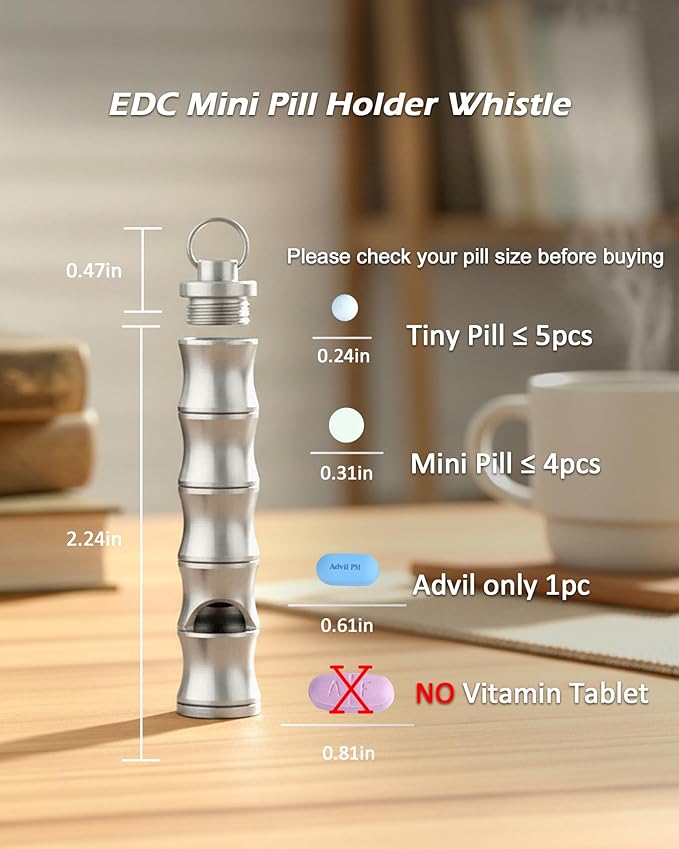 Titanium Pill Holder Necklace Whistle Mini Keychain Nitro Pill Case Loud Emergency Whistle for EDC Safety Backpacking Survival Hiking Camping Pets Training