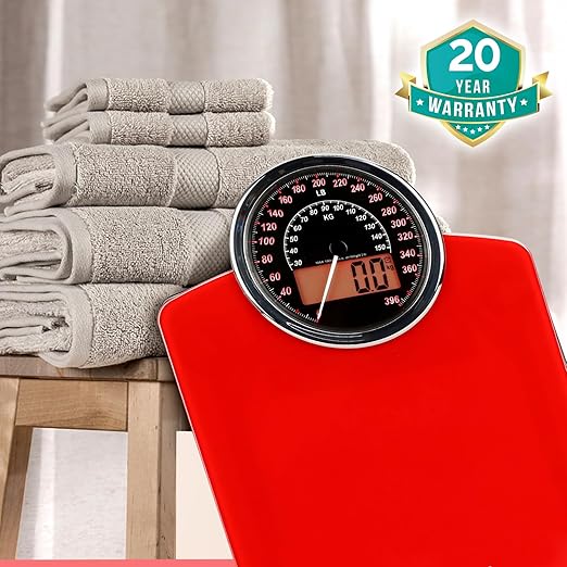 Adamson Hybrid 2-in-1 Analog & Digital Weighing Scale for Body Weight up to 400lbs - Thick Tempered Glass - Extra Large Display - Easy to Read Digital Bathroom Scale - New - Red