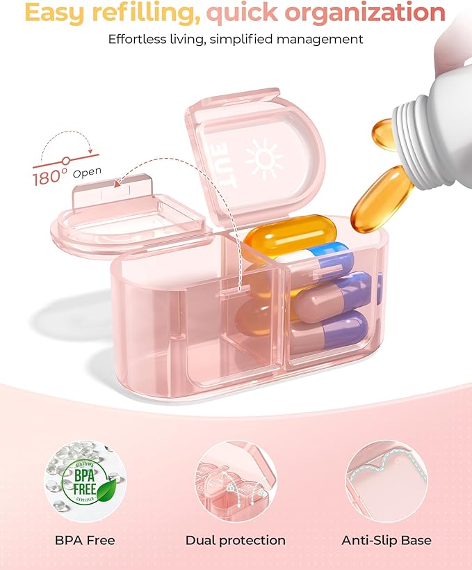 Weekly Pill Organizer 7 Day AM PM - Travel Pill Box 2 Times a Day with One-Hand Easy-Open Lid, 14 Compartments Portable Medicine Case for Daily Vitamins, Fish Oil, Pills and Supplements