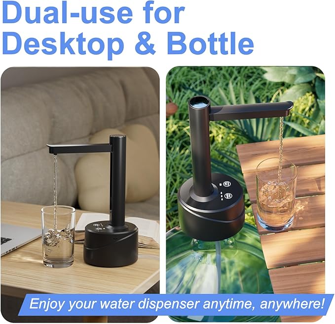 Latedaux 5 Gallon Dual-use Desktop Electric Water Bottle Dispenser, USB Type-C Charging Automatic Countertop Drinking Water Bottle Pump for 2-5 Gallon, Smart Water Jug Dispenser for Camping(Black)