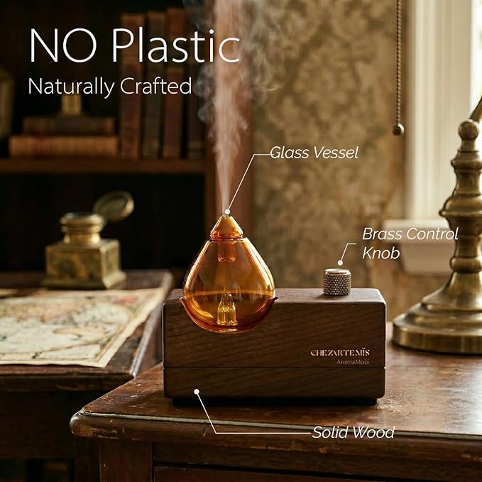 Amber Premium Glass Essential Oil Diffuser with Handmade Wood Base for Aromatherapy, Retro Waterless Scent Diffuser with Cool Mist, Rechargeable & Wireless Oil Nebulizer with LED & Timer, 2026 Model