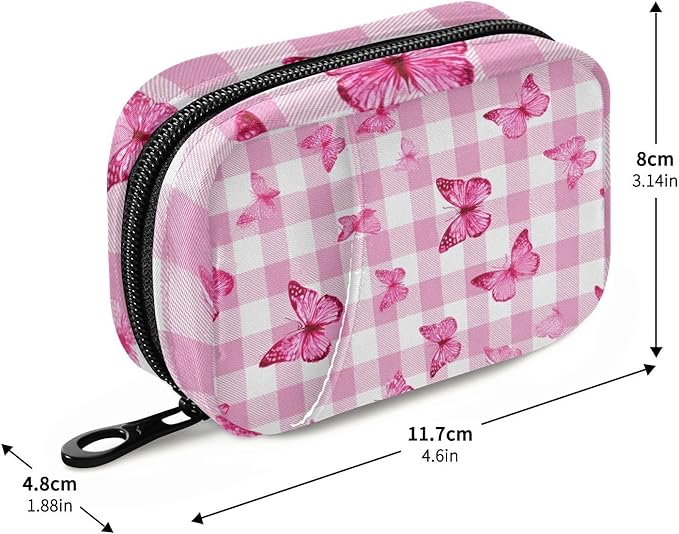 Checkered Pink and White Butterflies Travel Pill Organizer Case Box Container Weekly Portable Vitamin Medicine Holder Storage Bag with Zipper Removable