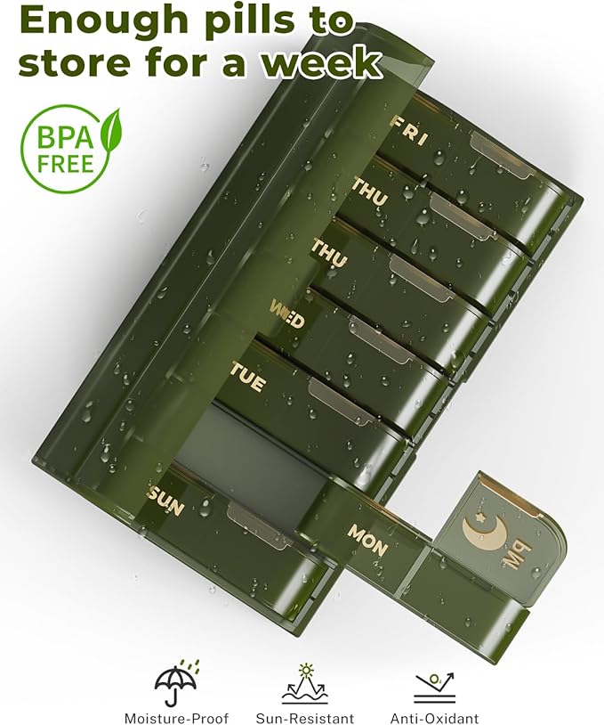 Weekly Pill Organizer 2 Times a Day, 7 Day AM/PM Pill Box, Portable Medication Dispenser with Child-Resistant Latch, BPA-Free, Travel, Office, Pets, Emergency Use (Green)