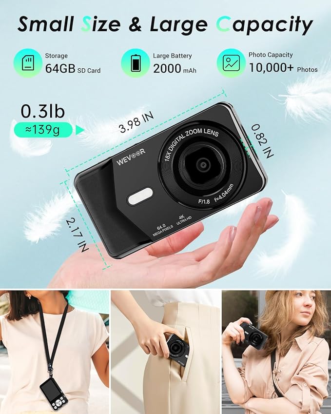 4K Digital Camera, Wevoor 64MP Point and Shoot Digital Camera with Autofocus, 18X Zoom, 20 Filters, 64GB SD Card, 2000 mAh battery, 2.8" Screen Compact Vlogging Camera for Beginners Teens Adult(Black)