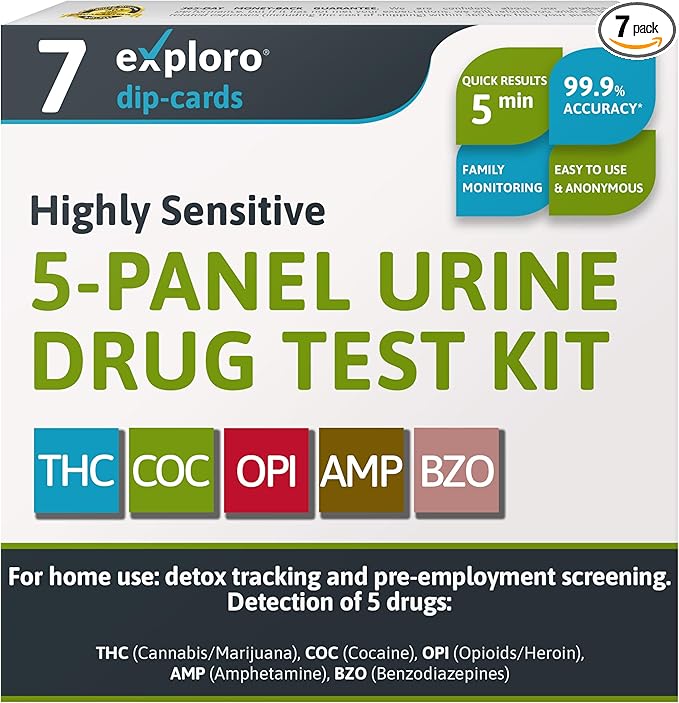 Exploro 5 Panel Drug Test Kit – At Home Urine Drug Test for THC, Cocaine, Opiates, Amphetamines & Benzodiazepines – Rapid & Accurate & Easy At Home Drug Testing Strips (Pack of 7)