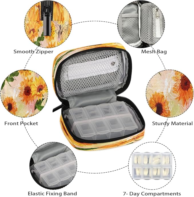 Flower Sunflower Pattern Pill Case Travel Pill Organizer Weekly 7 Day Portable with Zipper Medicine Box Pill Case for Vitamins, Birth Control,Fish Oils,Medication, Supplements