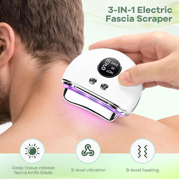 AFFLAT 3-in-1 Electric Fascia Knife with Heating and Vibration,Muscle Scraper Tool,Gua Sha Facial Device,9-Level Vibration,4 Light Therapy Modes for Face & Body,Portable Cordless Design