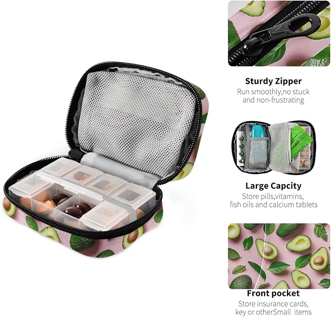 Fresh Green Avocados on Pink Pill Case Travel 7 Day Weekly Pill Case Small Travel Vitamin Supplements Holder