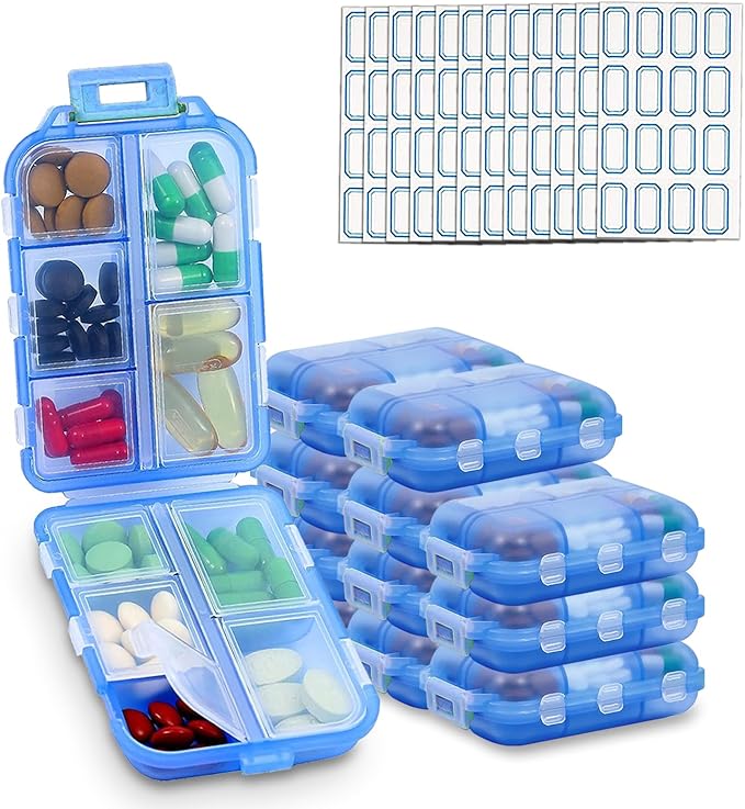 INVODA 12PCS 10-Compartment Pill Organizer BPA-Free Travel Pill Case with Daily Labels Portable Medicine Box for Vitamins, Supplements & Jewelry