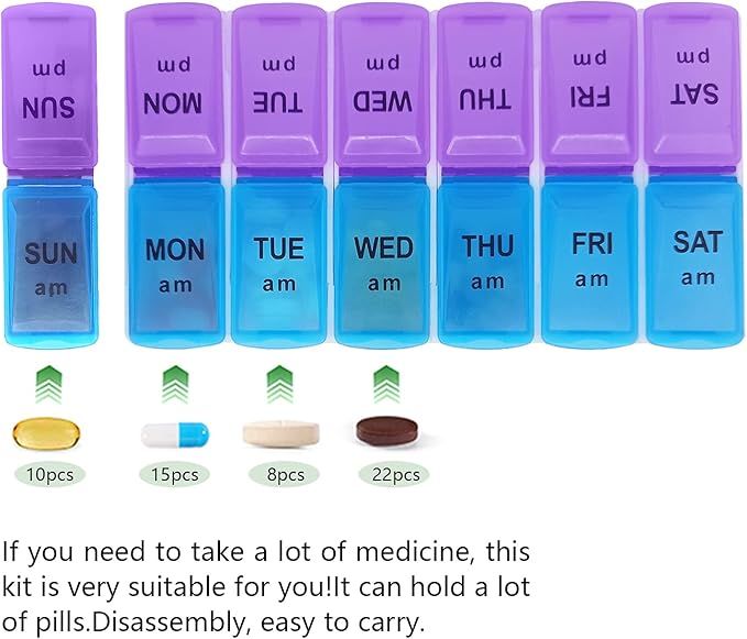Weekly Pill Organizer 7 Day 2 Times a Day Travel Pill Case Portable Removable Pill Box Large Capacity Medicine Box for Purse AM PM Daily Pill Box