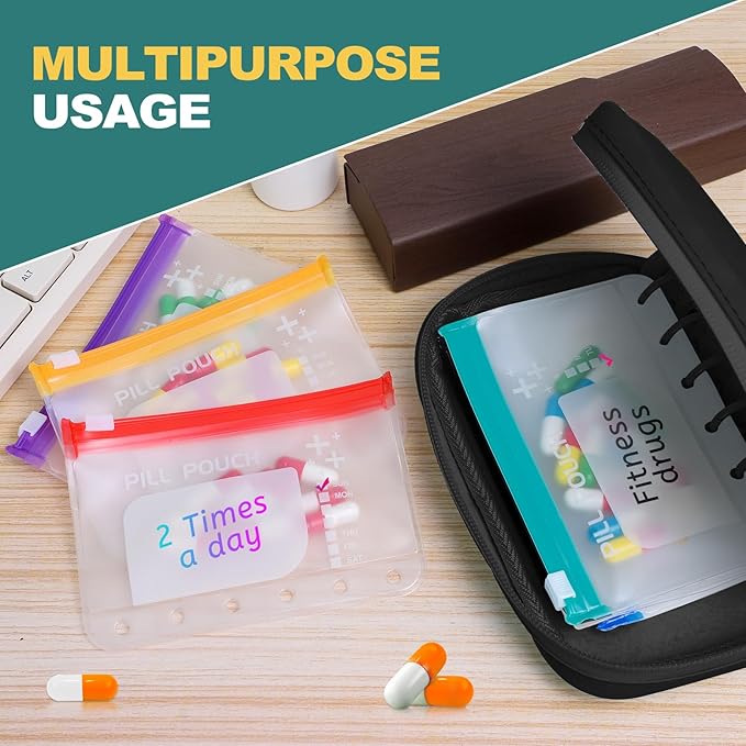 Water-Proof Pill Pouch Set， Large Pill Organizer, Pill Loose-Leaf Storage with Color-Coded Medicine Pouches,BPA Free, Reusable Travel Medicine Organizer， Zippered Pill Organizers Weekly