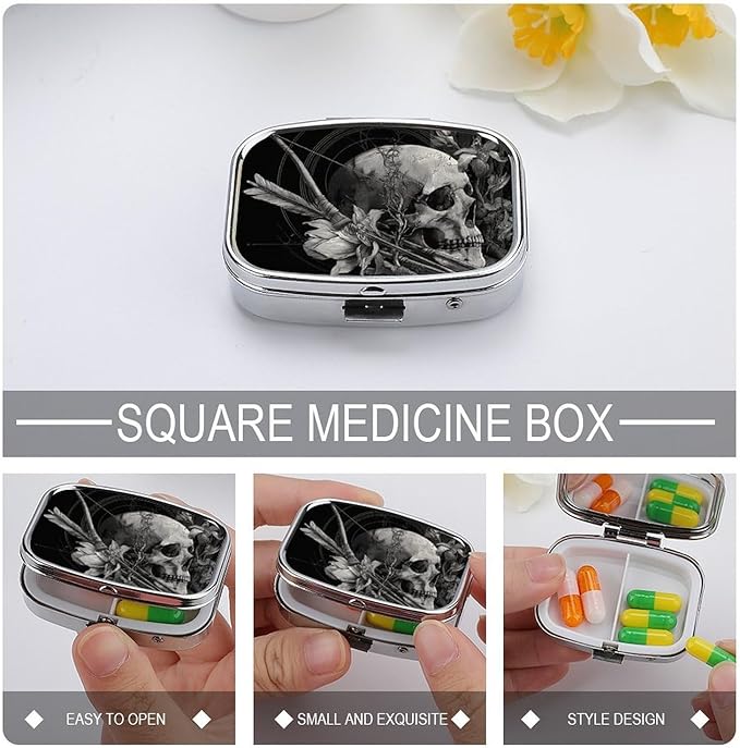 Metal Pill Organizer – 2-Compartment Pocket Pill Box for Vitamins, Supplements, Medications – Compact Travel Case (Skull Arrows with Lilies)