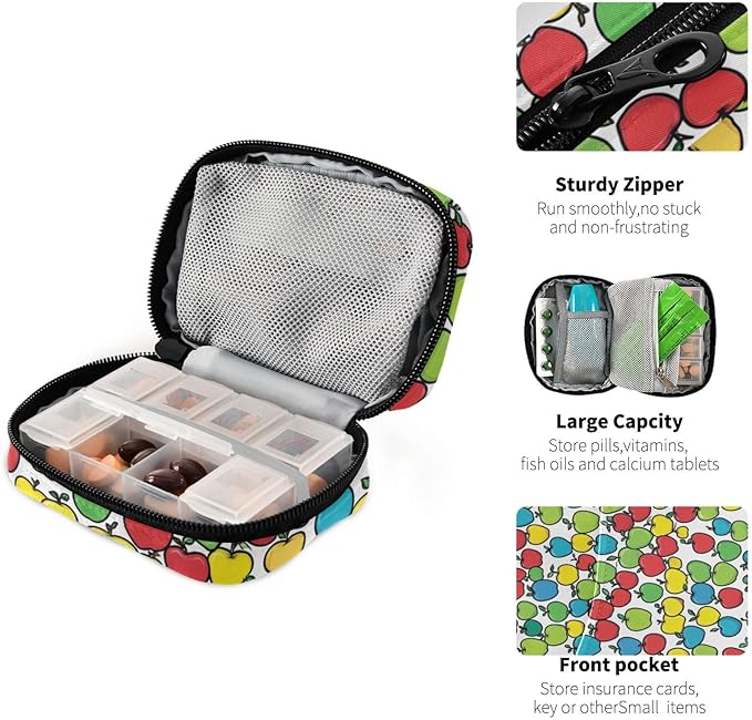 Colorful Apples Travel Pill Organizer Case Box Container Weekly Portable Vitamin Medicine Holder Storage Bag with Zipper Removable