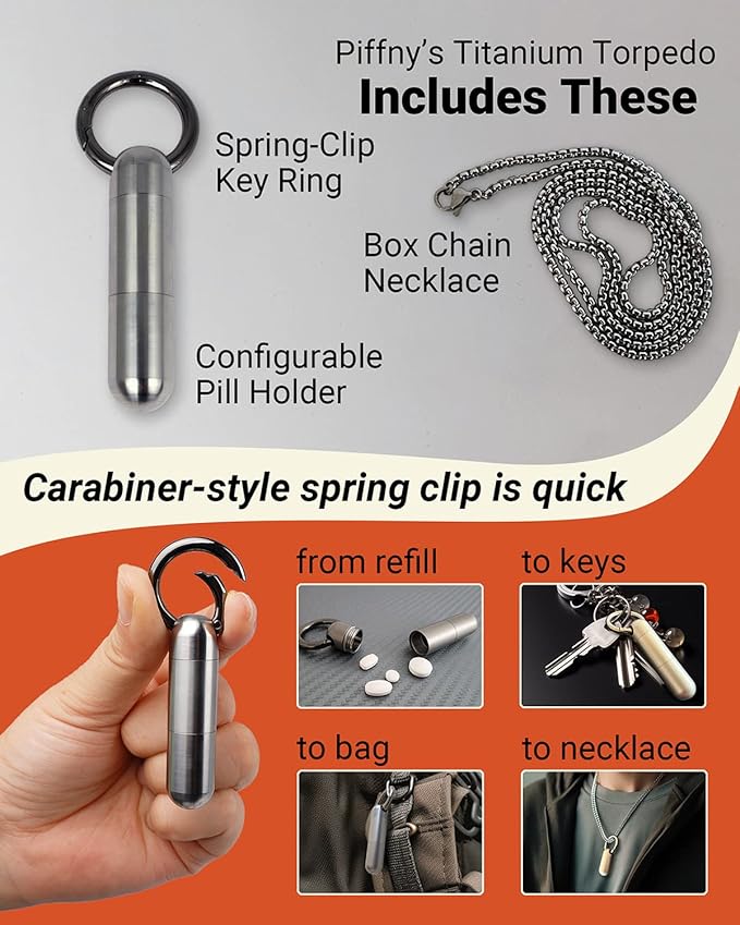 Titanium Torpedo Adjustable-Length Waterproof Keychain Pill Holder Medicine Fob for Travel and Everyday Assurance - Gunmetal - 1 Pack