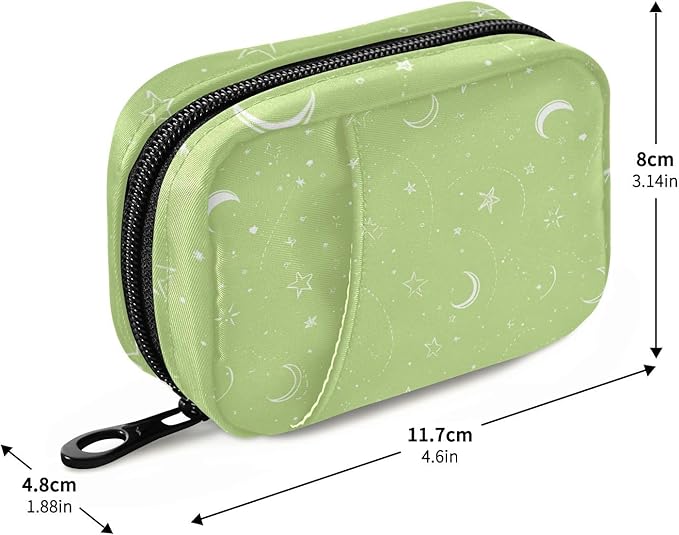 Bright Green Moons and Stars Travel Pill Organizer Case Box Container Weekly Portable Vitamin Medicine Holder Storage Bag with Zipper Removable