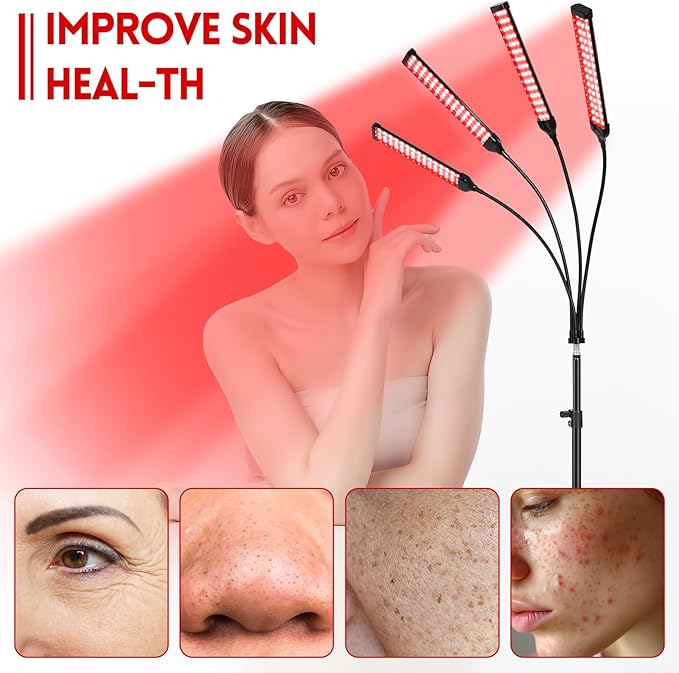 Red Light Therapy Lamp, Red Light Therapy Device for Body with 4 Heads, 660nm & 850nm Adjustable Infrared Lights Angle Lamp with Adjustable Stand, Portable for Full Body Muscle Joint Home Use