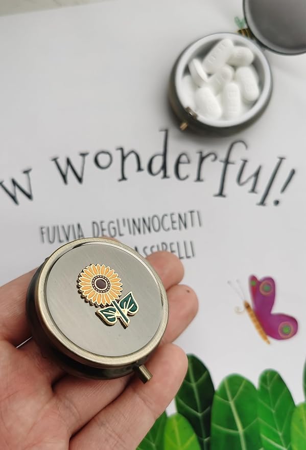 Sunflower Travel Pill Box Organizer - Cute Daily Medicine Pill Box for Purse, Round Vintage Vitamin Pill Organizer for Pocket,Bronze Metal Pill Case Portable Pill Holder Storage (Sunflower)