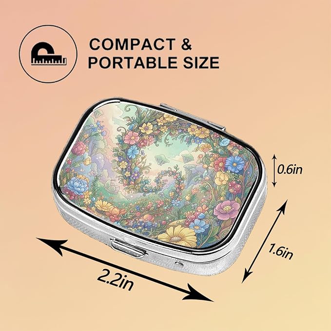 Square Pill Case Small Pill Box with Mirror Pocket 2 Compartment Vitamin Pill Medicine Case Organizer Pill Containers for Traveling Blooming Flower Three
