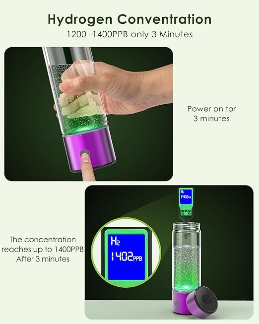 Upgrade Hydrogen Water Bottle, 3Min 2200PPB Rapid Hydrogen Water Generator -SPE PEM Tech, 14OZ Portable Hydro Water Machine, (Purple)