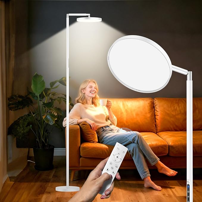 Sun Lamp for Happy 12000 Lux, Sunlight Lamp Full Spectrum, Sun Light lamp with 10 Brightness Levels 5 Color Modes, Adjustable Height, Remote & Timer for Reading, Office