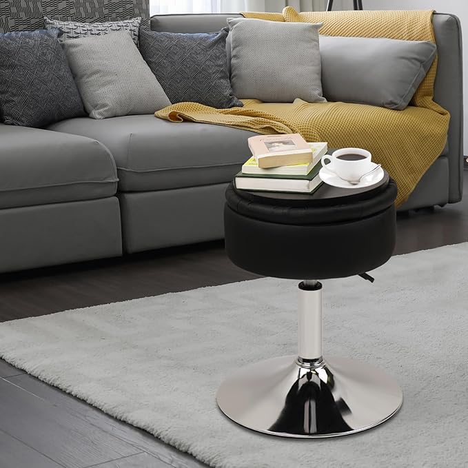 Salon Stool with Big Storage Set of 2, Height Adjustable 361° Swivel Modern Round Leather Tufted Makeup Vanity Stools for Massage Facial Spa Beauty Nail Medical Clinic Tattoo Barber, Black