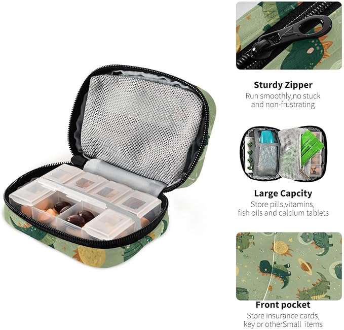 Green Cute Space Dinosaurs Travel Pill Organizer Case Box Container Weekly Portable Vitamin Medicine Holder Storage Bag with Zipper Removable