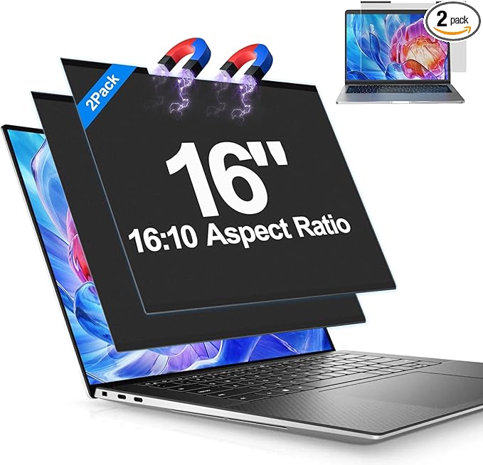 2Pack Magnetic Laptop Privacy Screen Filter 16 inch for 16:10 Widescreen Computer Monitor, Removable Anti Blue Light Privacy Shield, Anti-Glare Protector