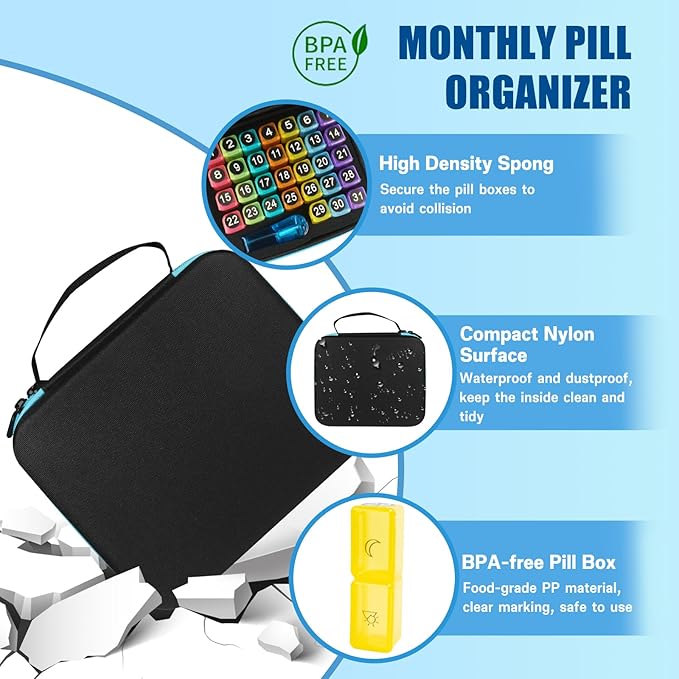 Monthly Medicine Pill Organizer 2 Times a Day, Travel Pill Box with Labels and Pill Cutter, Medication Organizer with 31-Day Compartments, Portable Vitamin Holder Storage Case with Hard Shell