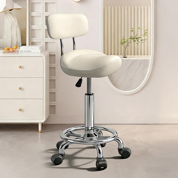 Saddle Stool with Ring Pedal and Back, Adjustable Hydraulic Rolling Chair with Wheels for Medical, Massage, Salon, Spa, Kitchen, and Drafting Use