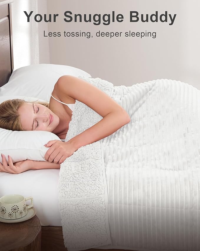Sherpa Fleece Adult Weighted Blanket with Ribbed Stripes, 15 Pounds Dual Sided Soft Plush Blanket for Couch Bed Sofa, Heavy Thick Blankets with Ceramic Beads Great for Sleep, White, 48" x 72"