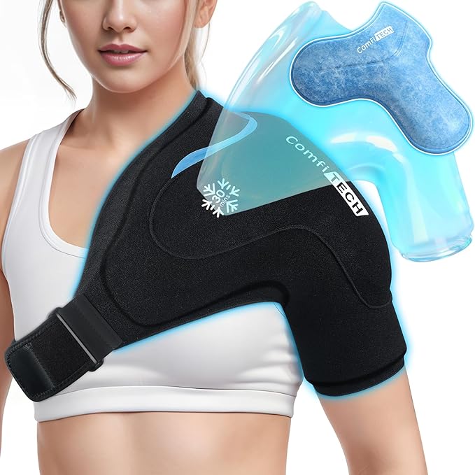 ComfiTECH Dual-Gel Shoulder Ice Pack Wrap with Extended 30-Minute Cooling for Rotator Cuff & Arm, Flexible Cold Compression Sleeve Shoulder Brace for Post-Workout, Discomfort, Muscle Relaxation, M