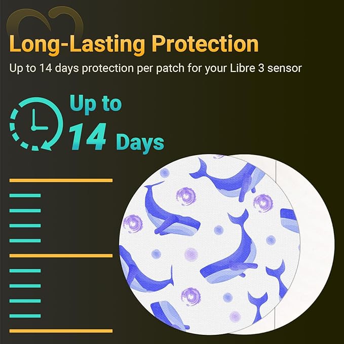 Libre 3 Plus Sensor Covers Waterproof, Amolyfe 10 Pack Freestyle Libre 3 Covers, Bump-Proof with Hard Cap, Breathable Latex Free Glucose Sensor Adhesive Patches, 14-Day CGM Protection (Dolphin Shark)
