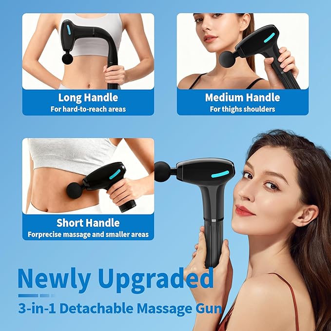 Massage Gun Deep Tissue with Extension Handle Professional Percussion 3-in-1 Detachable Back Massager for Pain Relief,Muscle Relief Massager for Shoulder Back Thigh Waist&Neck (Dark Black)