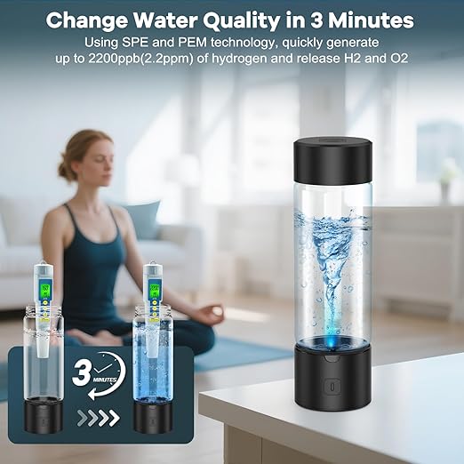 Hydrogen Water Bottle Generator, Portable SPE PEM Hydrogen Water Ionizer Machine, Rechargeable Hydrogen Water Maker for Home Office Travel Fitness Travel Home Office