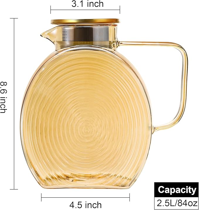Suwimut Glass Pitcher with Lid and Spout, 2.5 Liter 84 oz Jug Water Pitcher with Handle for Fridge, High Borosilicate Large Glass Carafe Jug for Hot/Cold Water Iced Tea Juice Coffee Milk Beverage