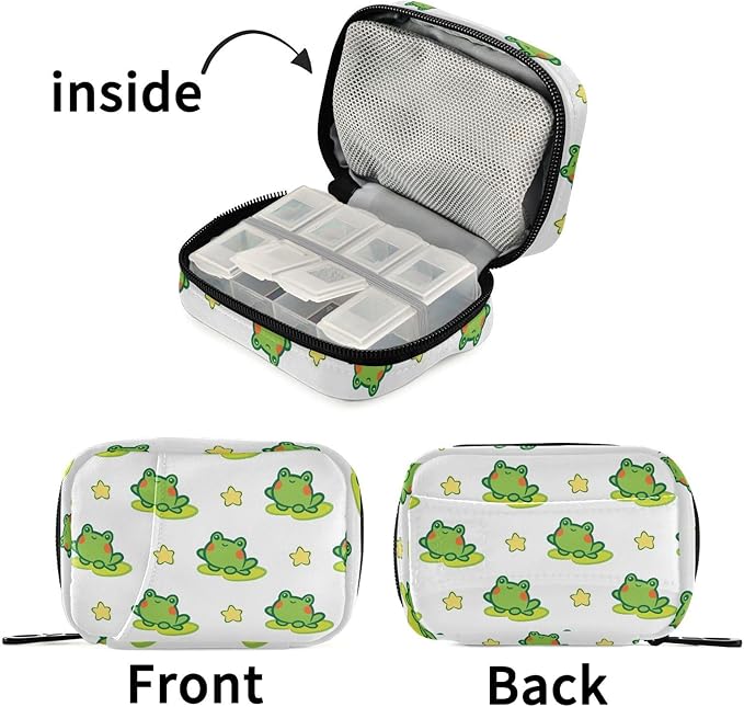 Fustylead Travel Pill Organizer Case Zipper for Purse with Removable Weekly Pill Box for Medicine, Vitamin, Supplement Medicine Organizer (Green Frog)