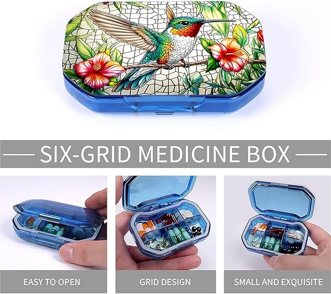 This Portable Flower Hummingbird Pattern 6 Compartment Pill Box Compartmentalized Pill Box Can Be Placed in A Pocket Or Wallet to Store Vitamins, Medicines Health Supplements Other Medications.