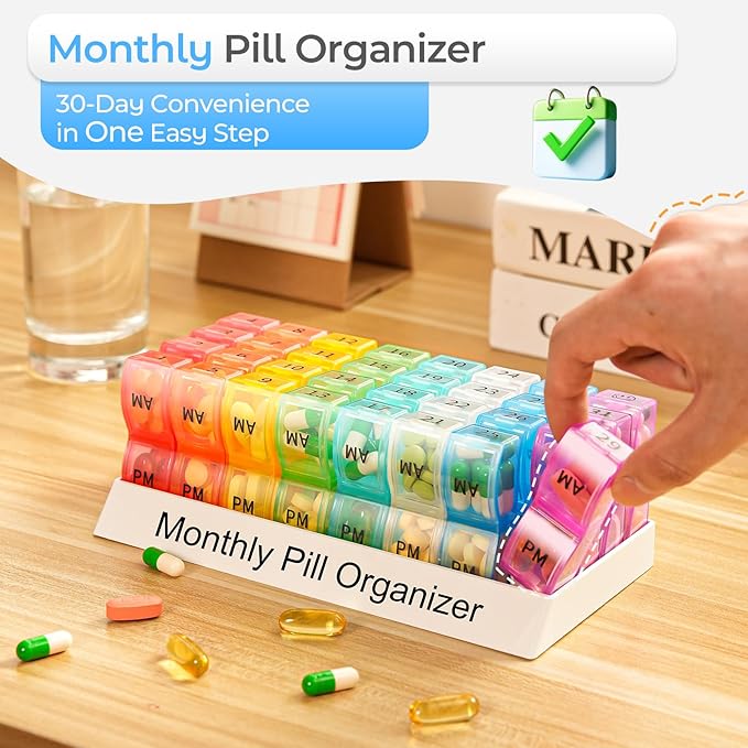Monthly Pill Organizer 2 Times a Day, one Month Pill Box AM PM, 30 Day Pill Case Small Compartments to Hold Vitamin and Travel Medicine Organizer, 31 Day Pill Organizer, 4 Week Pill Cases