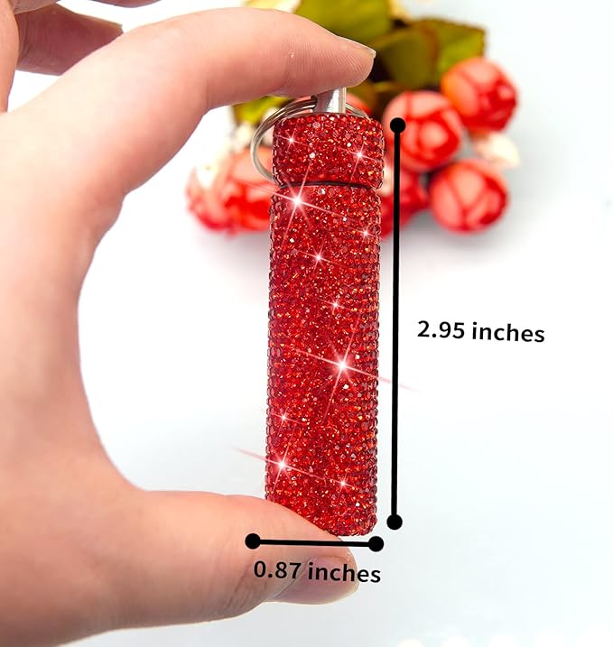 Yuchew Bling Pill Case Pill Container Rhinestone Pill Box Portable Waterproof Pocket Pill Holder Bottle Storage with Keychain for Travel, Outdoor, Camping (Red)
