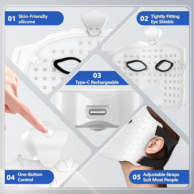 Red Light Therapy Mask, 7 Colors Red Light Therapy for Face, Portable Rechargeable LED Face Mask Light Therapy for Reduce Wrinkles, Skincare at Home and Travel, White
